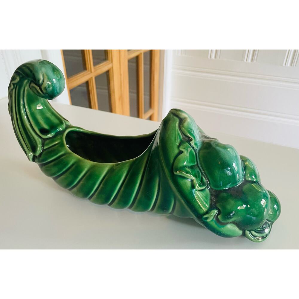 Vintage Green Horn of Plenty Cornucopia Planter 1960s 1970s Pottery Flower Pot